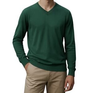 FIELDS Large Washable Australian Merino Wool Luxury Sweater Forest Green V Neck